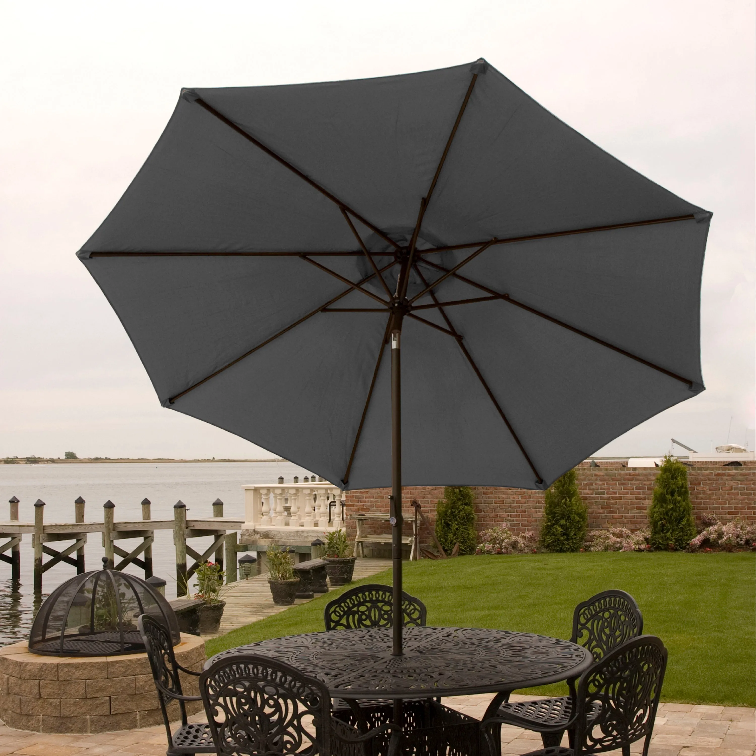 Bliss Outdoors UMB-201GRY Patio Umbrella w/ Aluminum Pole & Push Button Tilt | 9-Foot Canopy | Color Fade & Water Resistant | 1.5-in. Pole Diameter (Gray)