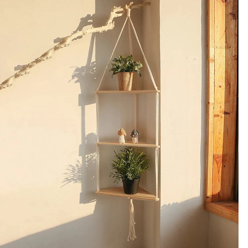 Boho Wood Floating Shelf for Corner Decor