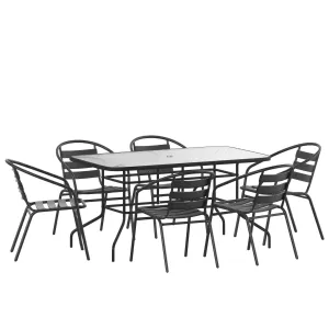 Brazos 7 Piece Outdoor Patio Dining Set - Tempered Glass Patio Table, 6 Flex Comfort Stack Chairs