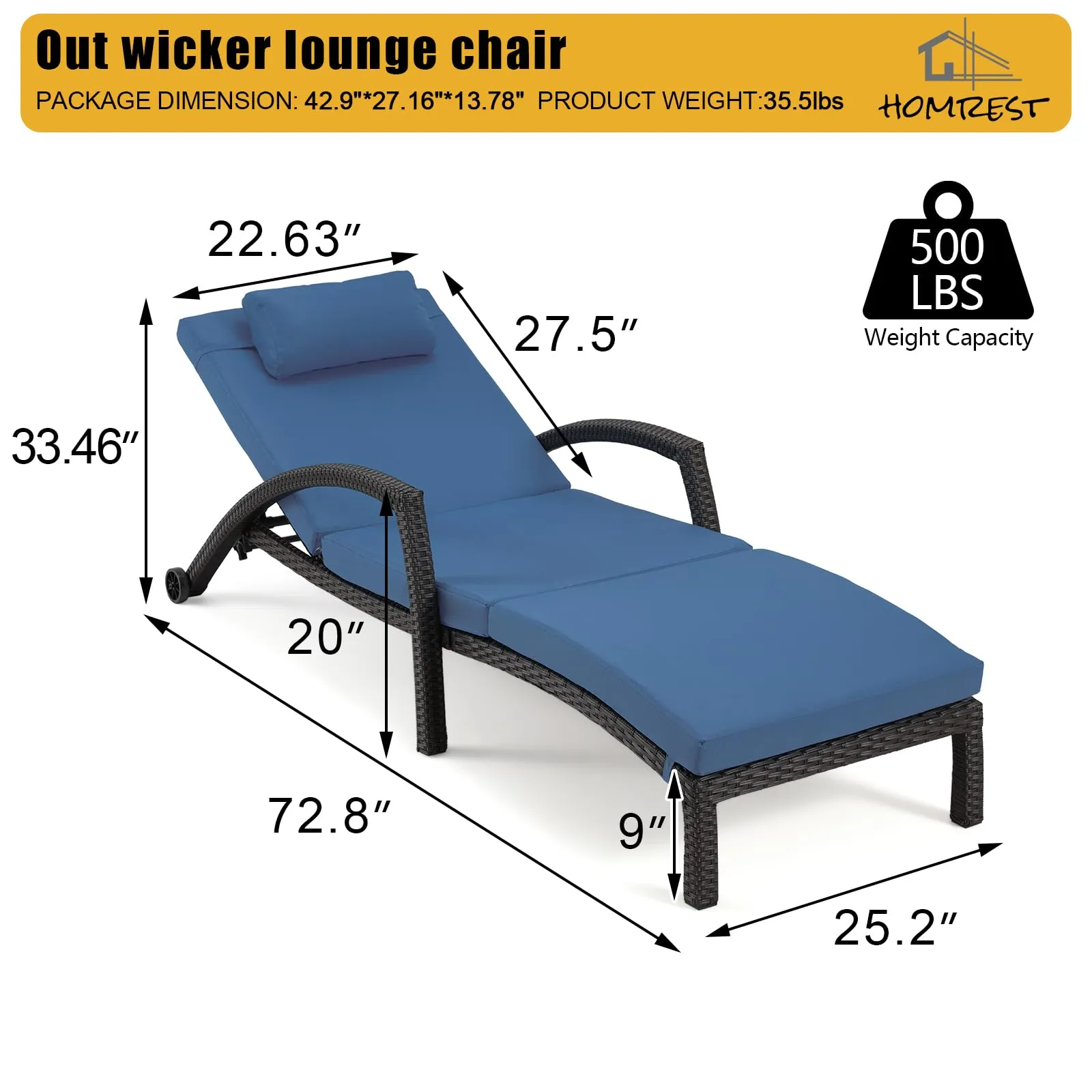 Chaise Lounge Chairs for Outside, PE Rattan Wicker Patio Pool Lounge Chair with Arm, Cushion for Poolside Beach (2 Pcs Dark Blue)