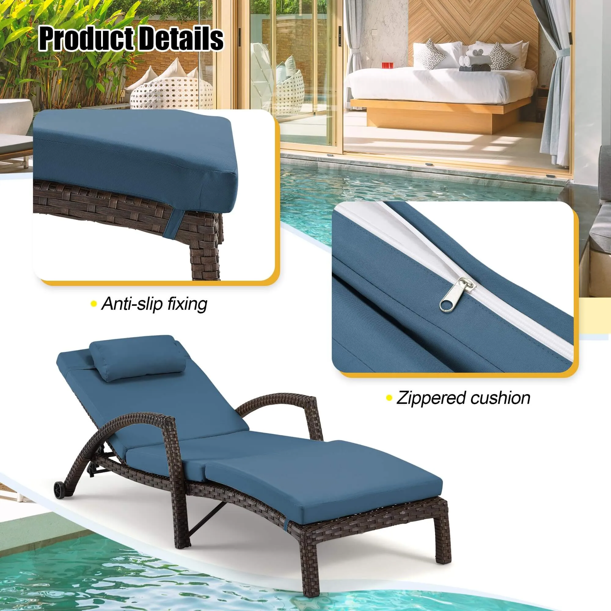 Chaise Lounge Chairs for Outside, PE Rattan Wicker Patio Pool Lounge Chair with Arm, Cushion for Poolside Beach (2 Pcs Dark Blue)