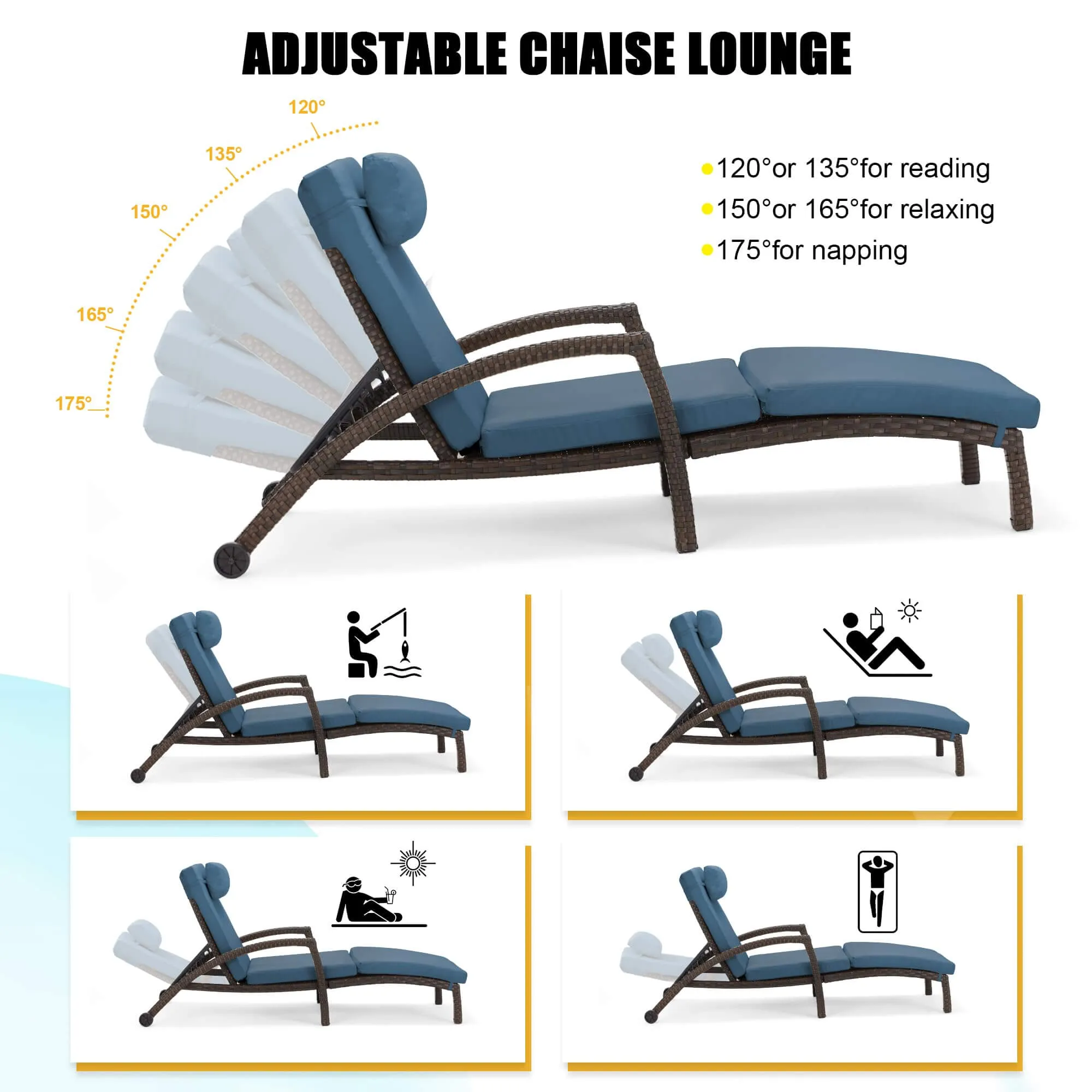 Chaise Lounge Chairs for Outside, PE Rattan Wicker Patio Pool Lounge Chair with Arm, Cushion for Poolside Beach (2 Pcs Dark Blue)