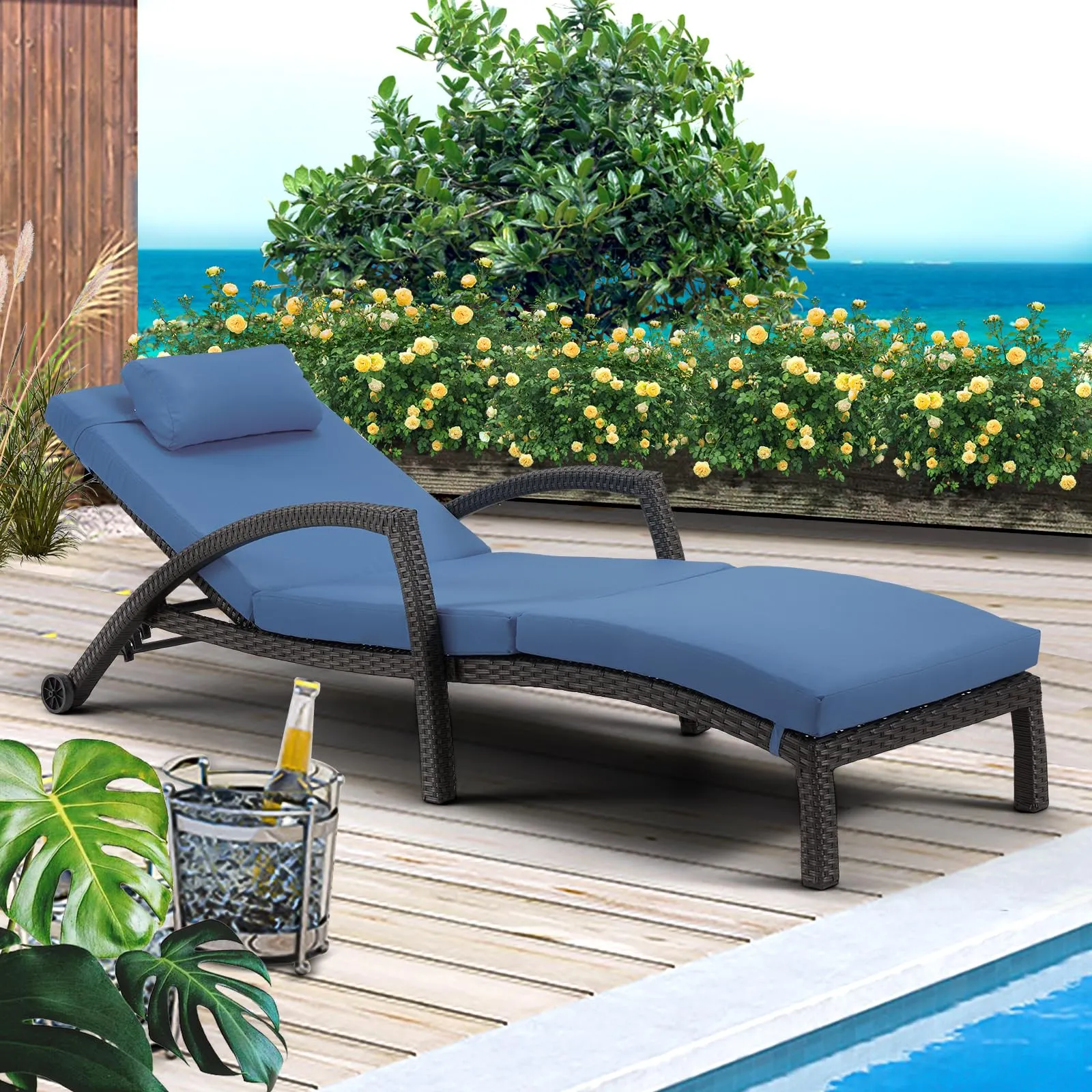 Chaise Lounge Chairs for Outside, PE Rattan Wicker Patio Pool Lounge Chair with Arm, Cushion for Poolside Beach (2 Pcs Dark Blue)