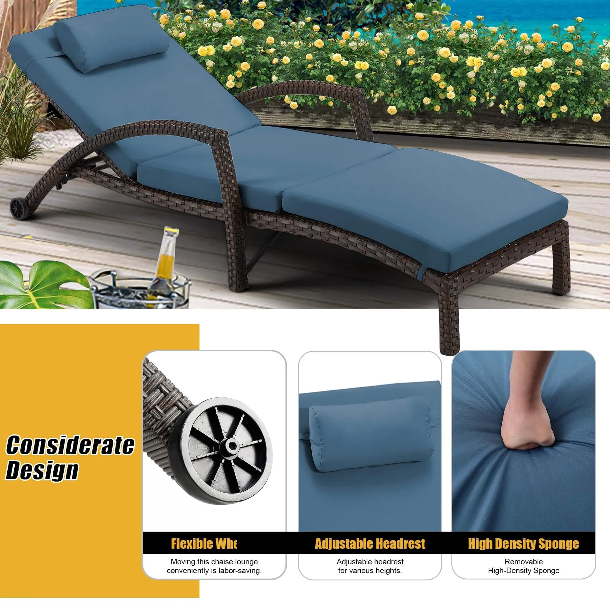 Chaise Lounge Chairs for Outside, PE Rattan Wicker Patio Pool Lounge Chair with Arm, Cushion for Poolside Beach (2 Pcs Dark Blue)