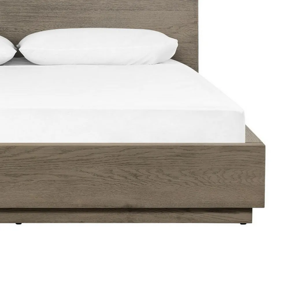 Cid Rain Queen Size Bed, Tall Panel Headboard, Low Profile, Gray Oak Veneer By Casagear Home
