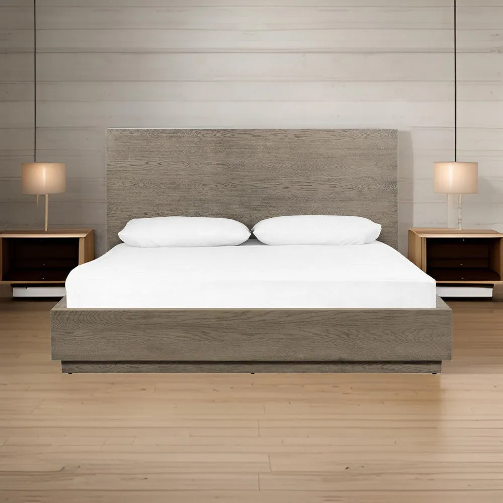Cid Rain Queen Size Bed, Tall Panel Headboard, Low Profile, Gray Oak Veneer By Casagear Home