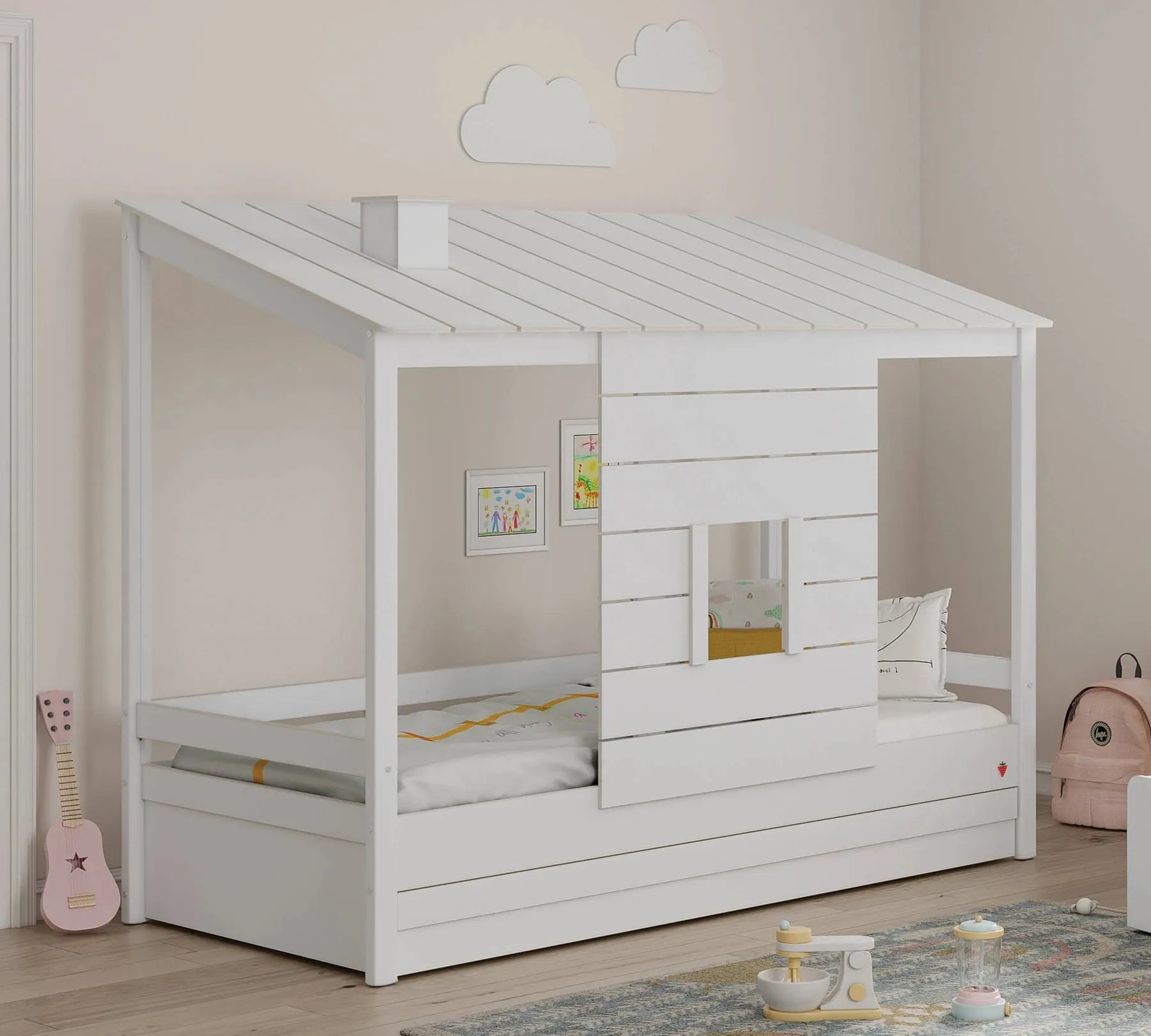 Cilek Montes White Bed with Wooden Roof (90x200 Cm)