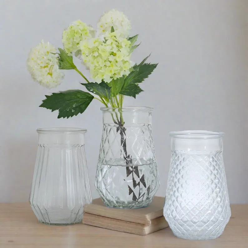 Clear Glass Textured Vases 17cm - Set of 3 Assorted Wedding Vases