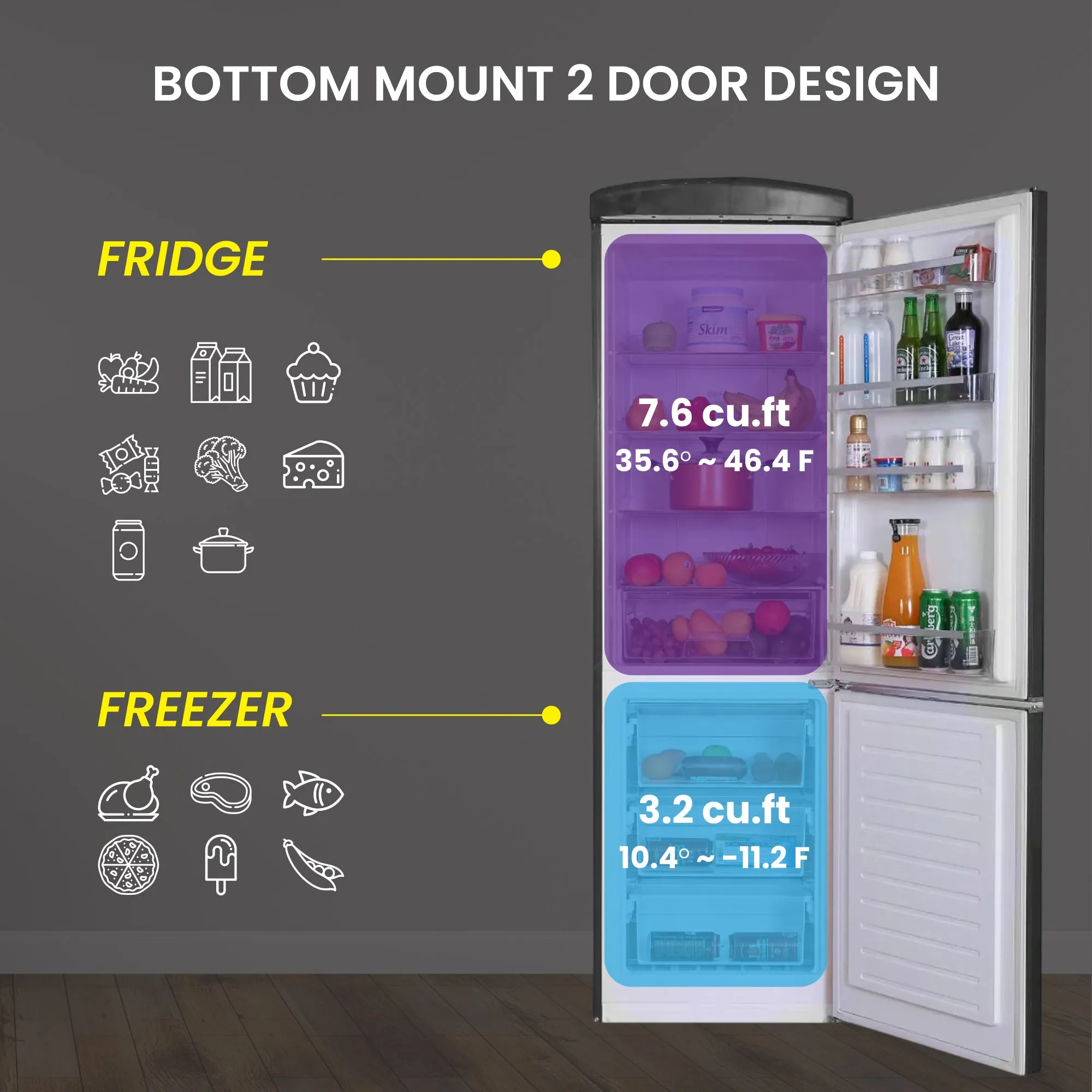 Conserv 24in RETRO BOTTOM MOUNT 11cf Refrigerator Fast Freeze 110V