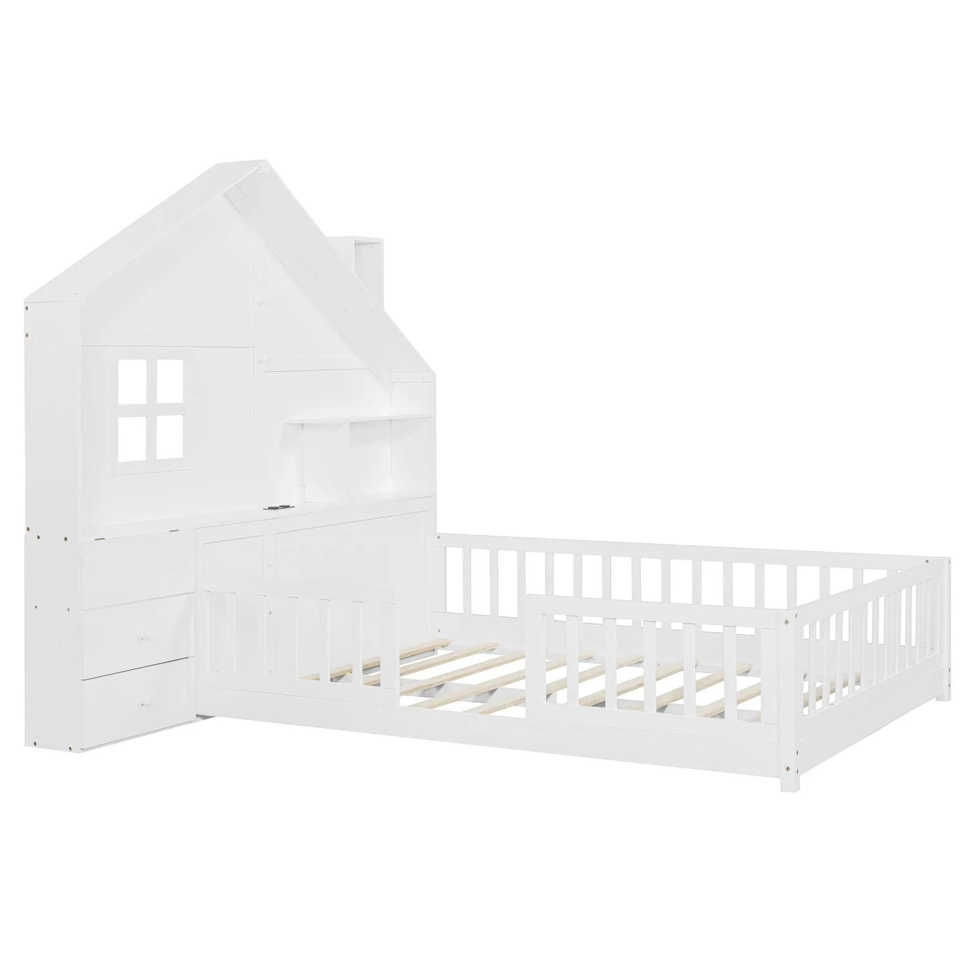 Couch.com Full Size House Bed With Window And Bedside Drawers, Platform Bed With Shelves And A Set Of Sockets And USB Port White, Set of 2, with Storage, Durable Design, Wood Construction by Couch.com