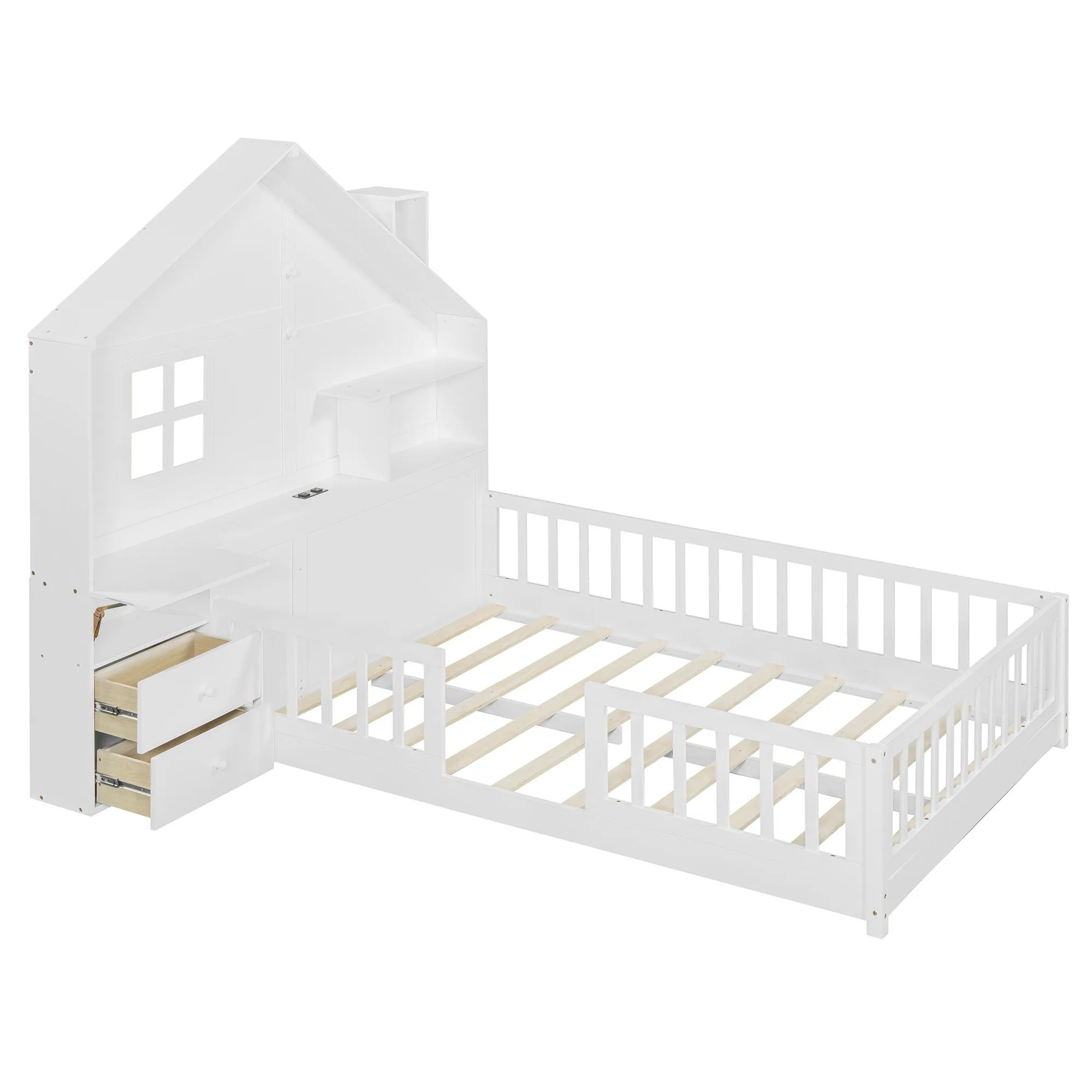 Couch.com Full Size House Bed With Window And Bedside Drawers, Platform Bed With Shelves And A Set Of Sockets And USB Port White, Set of 2, with Storage, Durable Design, Wood Construction by Couch.com