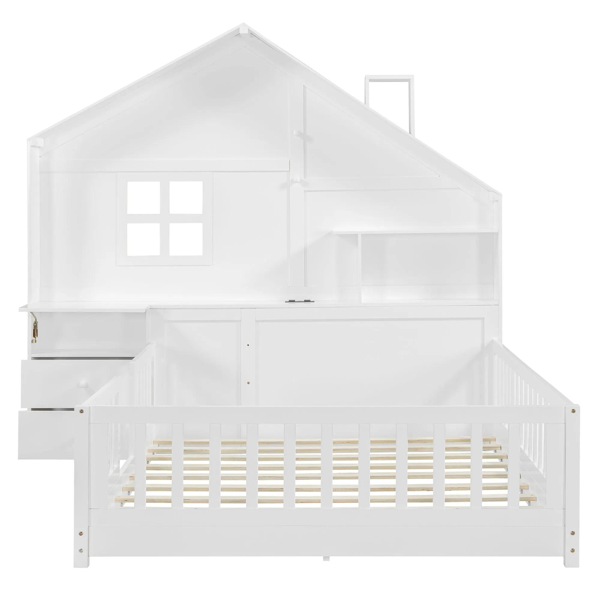 Couch.com Full Size House Bed With Window And Bedside Drawers, Platform Bed With Shelves And A Set Of Sockets And USB Port White, Set of 2, with Storage, Durable Design, Wood Construction by Couch.com