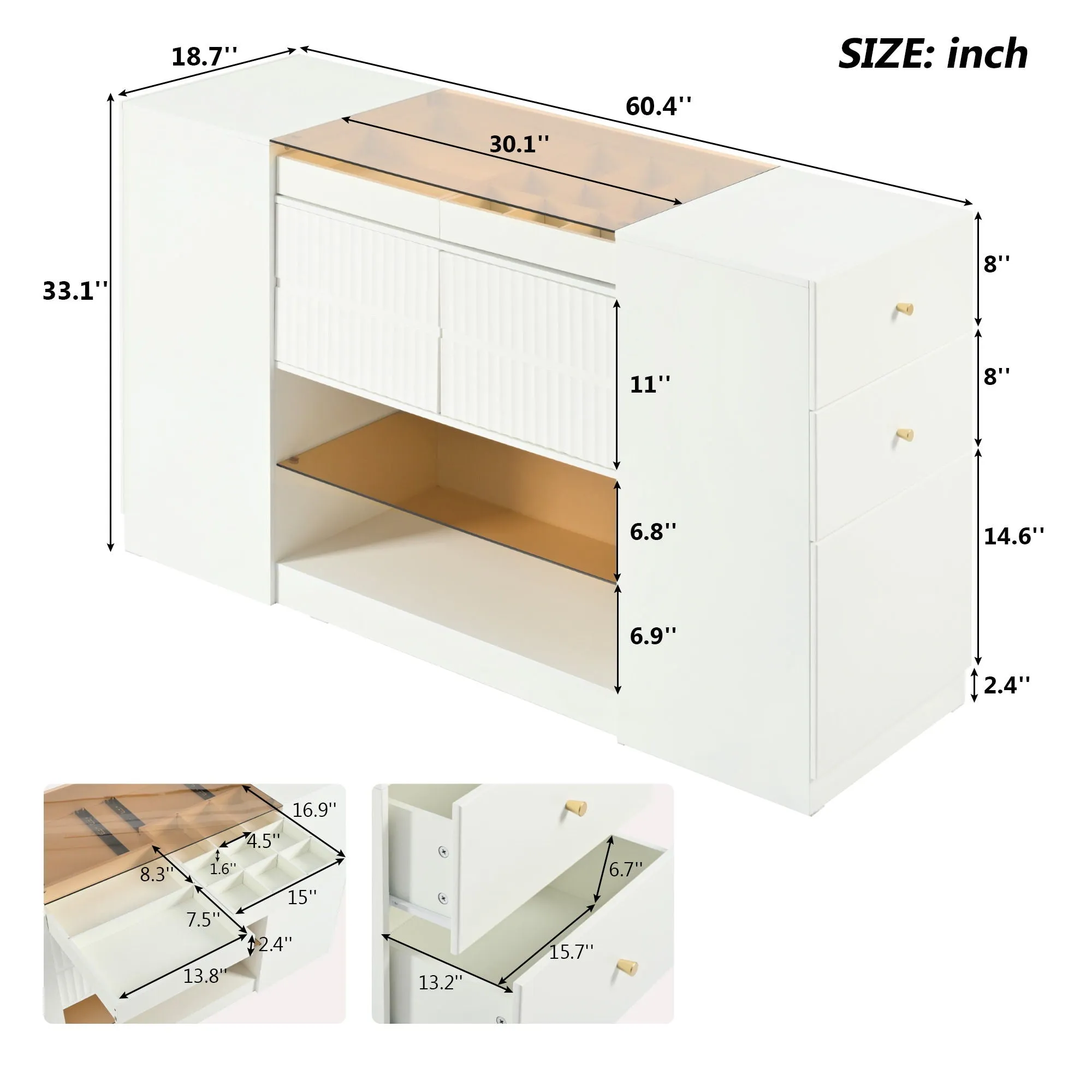 Couch.com Modern Luxury Multi-Functional Island Vanity Dresser And Storage Cabinet With Glass Tabletop, Display Shelf, 6 Drawers For Walk In Wardrobe And Bedroom Cream White, with Storage by Couch.com