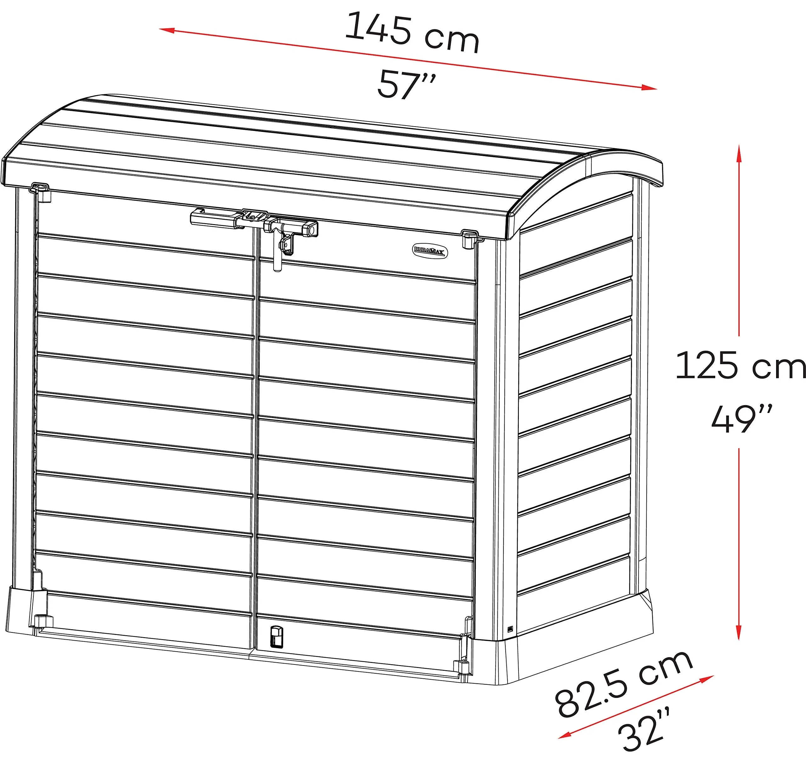 Duramax Cedargrain StoreAway 1200L Plastic Garden Storage Shed/ Arc Lid, Outdoor Storage, Wheelie bin box, Durable Construction– Ideal for Tools, Bikes, BBQs & 2x 240L Bins, 145x85x125 cm, Brown