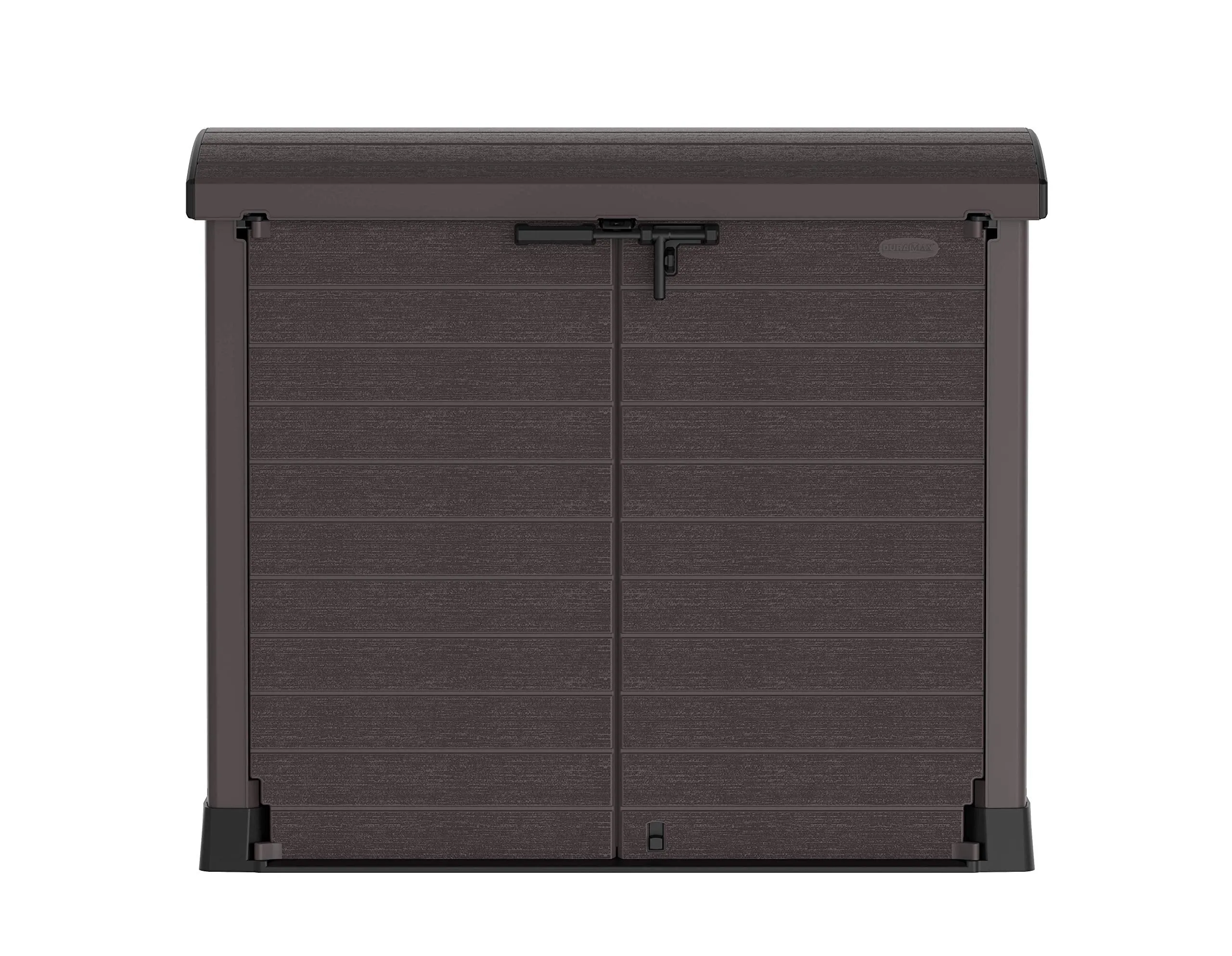 Duramax Cedargrain StoreAway 1200L Plastic Garden Storage Shed/ Arc Lid, Outdoor Storage, Wheelie bin box, Durable Construction– Ideal for Tools, Bikes, BBQs & 2x 240L Bins, 145x85x125 cm, Brown