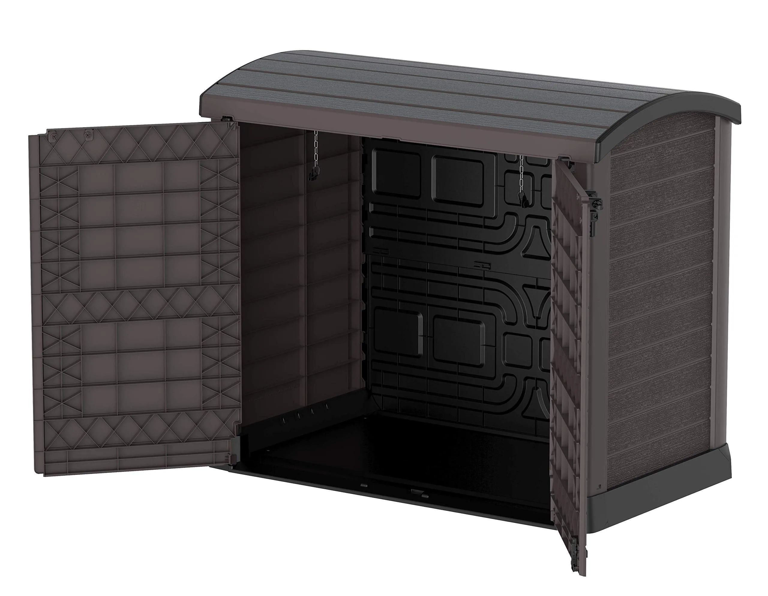 Duramax Cedargrain StoreAway 1200L Plastic Garden Storage Shed/ Arc Lid, Outdoor Storage, Wheelie bin box, Durable Construction– Ideal for Tools, Bikes, BBQs & 2x 240L Bins, 145x85x125 cm, Brown