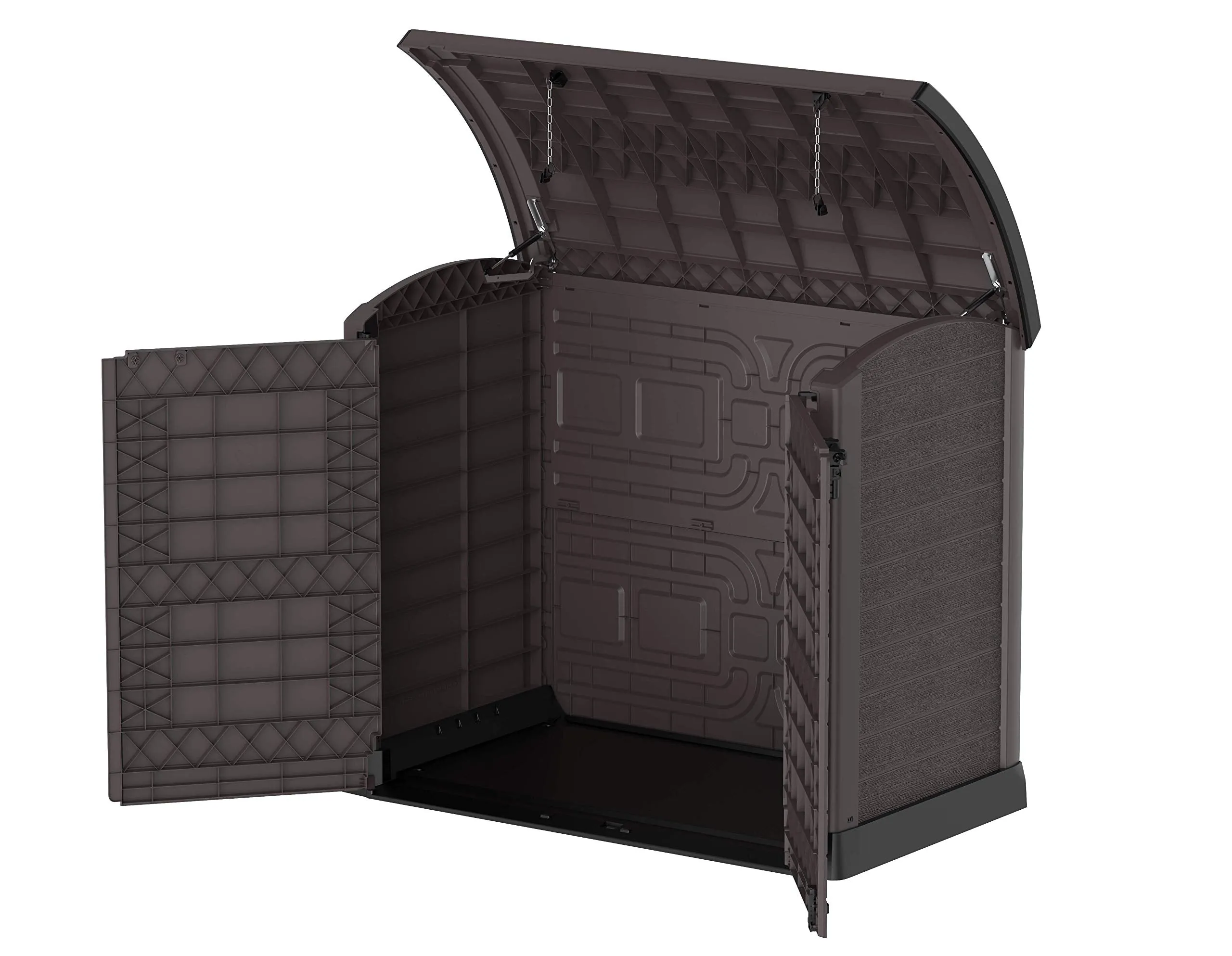 Duramax Cedargrain StoreAway 1200L Plastic Garden Storage Shed/ Arc Lid, Outdoor Storage, Wheelie bin box, Durable Construction– Ideal for Tools, Bikes, BBQs & 2x 240L Bins, 145x85x125 cm, Brown