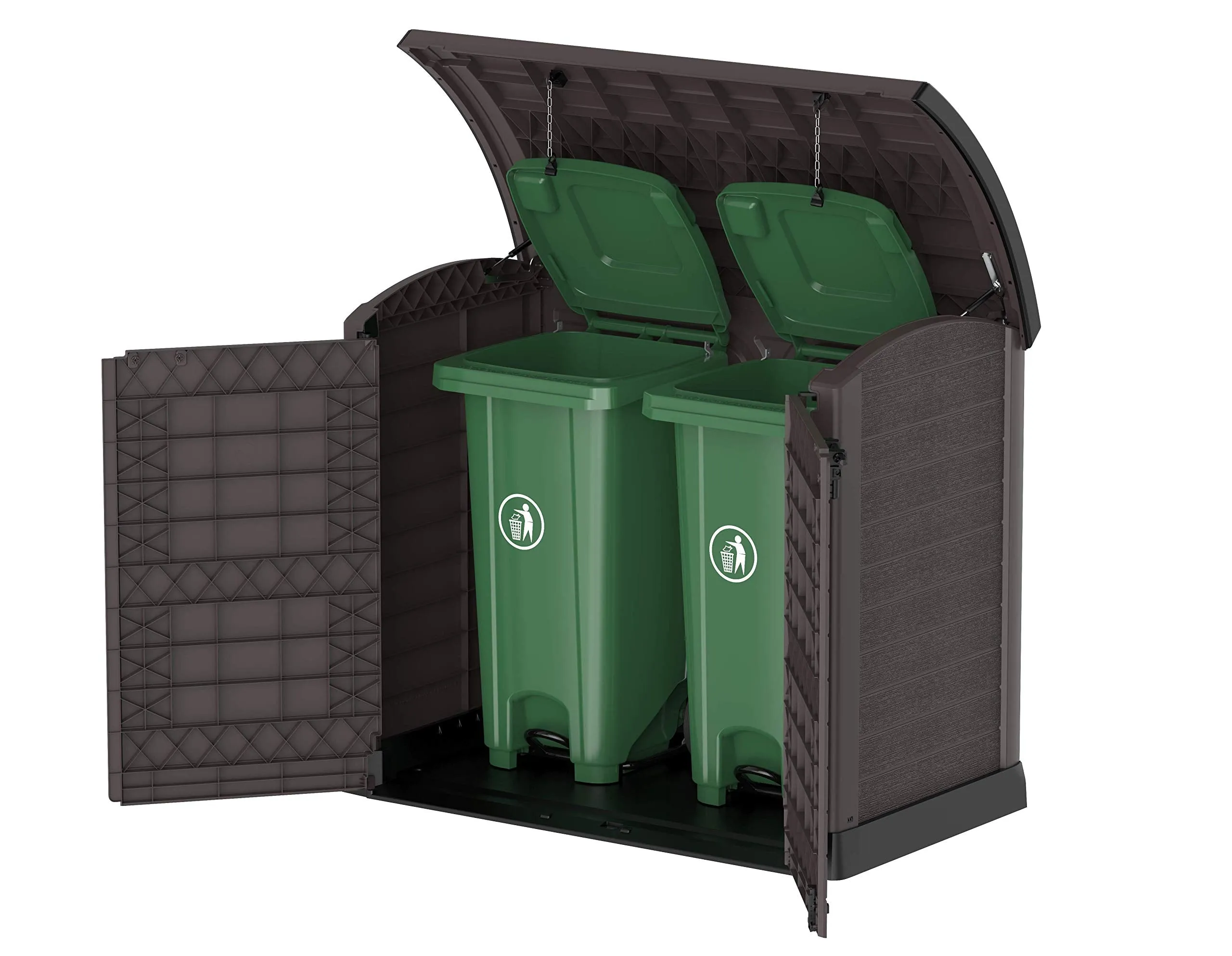 Duramax Cedargrain StoreAway 1200L Plastic Garden Storage Shed/ Arc Lid, Outdoor Storage, Wheelie bin box, Durable Construction– Ideal for Tools, Bikes, BBQs & 2x 240L Bins, 145x85x125 cm, Brown