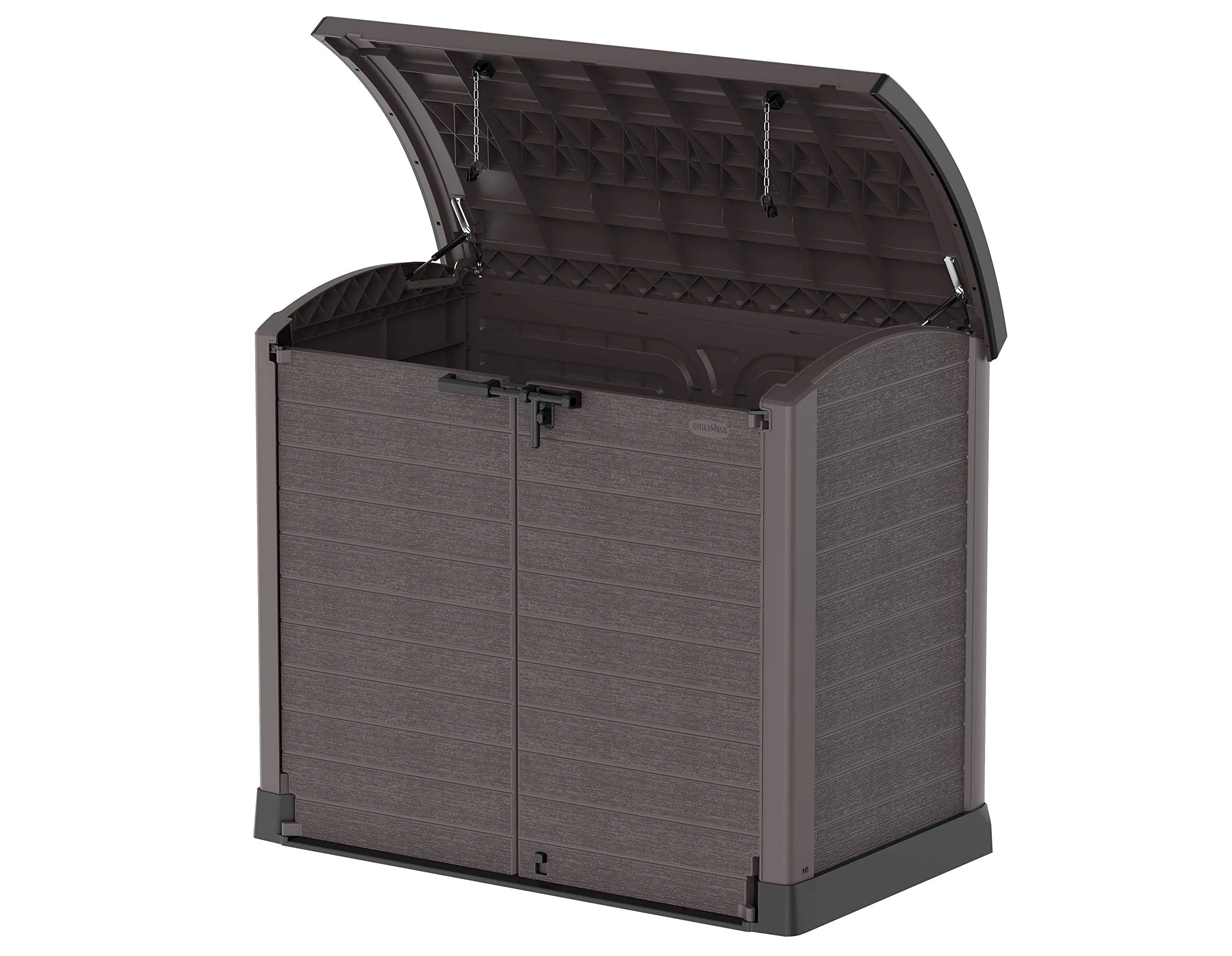 Duramax Cedargrain StoreAway 1200L Plastic Garden Storage Shed/ Arc Lid, Outdoor Storage, Wheelie bin box, Durable Construction– Ideal for Tools, Bikes, BBQs & 2x 240L Bins, 145x85x125 cm, Brown