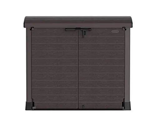 Duramax Cedargrain StoreAway 1200L Plastic Garden Storage Shed/ Arc Lid, Outdoor Storage, Wheelie bin box, Durable Construction– Ideal for Tools, Bikes, BBQs & 2x 240L Bins, 145x85x125 cm, Brown