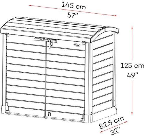 Duramax Cedargrain StoreAway 1200L Plastic Garden Storage Shed/ Arc Lid, Outdoor Storage, Wheelie bin box, Durable Construction– Ideal for Tools, Bikes, BBQs & 2x 240L Bins, 145x85x125 cm, Brown