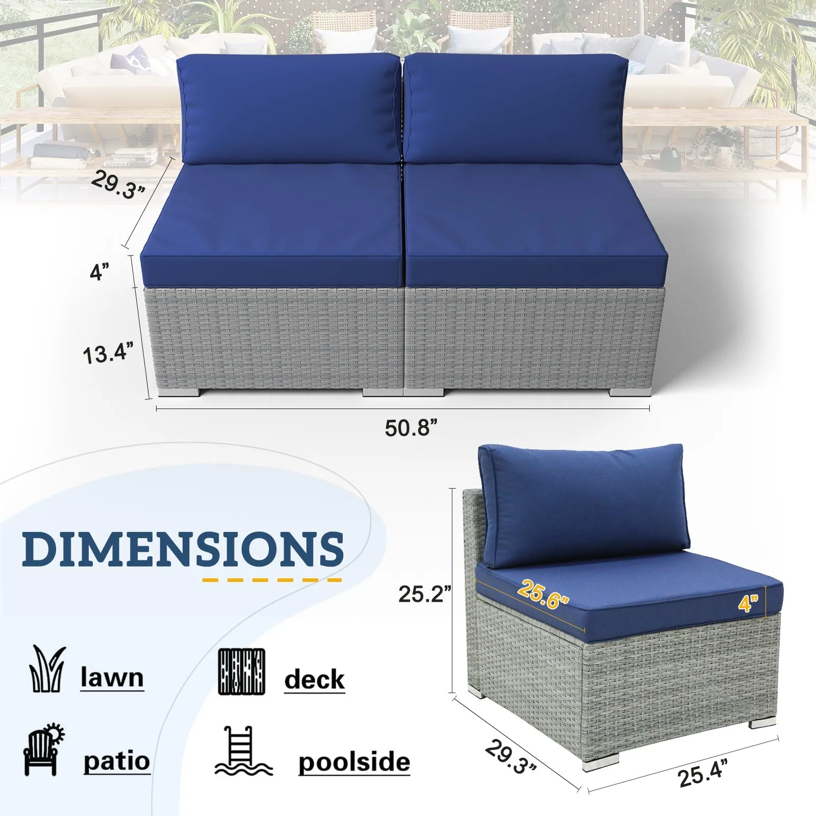 EAGLE PEAK 2 Piece Outdoor Armless Wicker Sofa Set, Outdoor Patio Armless Chairs with Removable Cushions, Sectional Wicker Loveseat