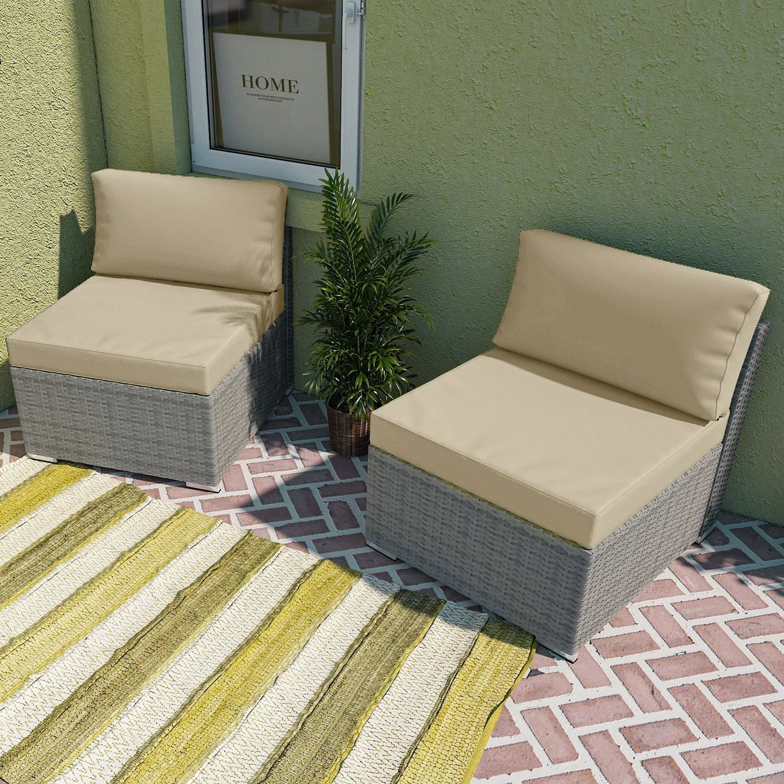 EAGLE PEAK 2 Piece Outdoor Armless Wicker Sofa Set, Outdoor Patio Armless Chairs with Removable Cushions, Sectional Wicker Loveseat