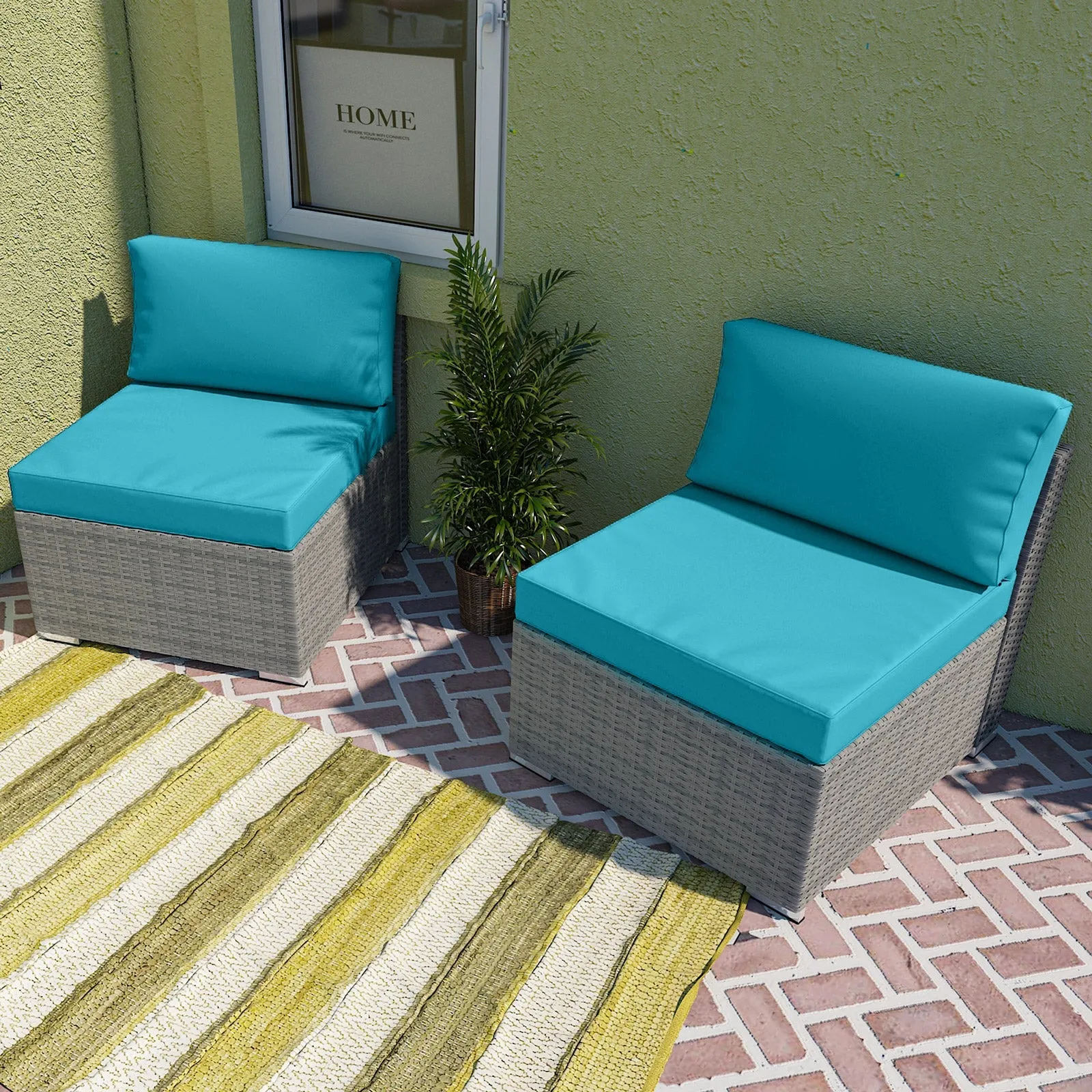 EAGLE PEAK 2 Piece Outdoor Armless Wicker Sofa Set, Outdoor Patio Armless Chairs with Removable Cushions, Sectional Wicker Loveseat