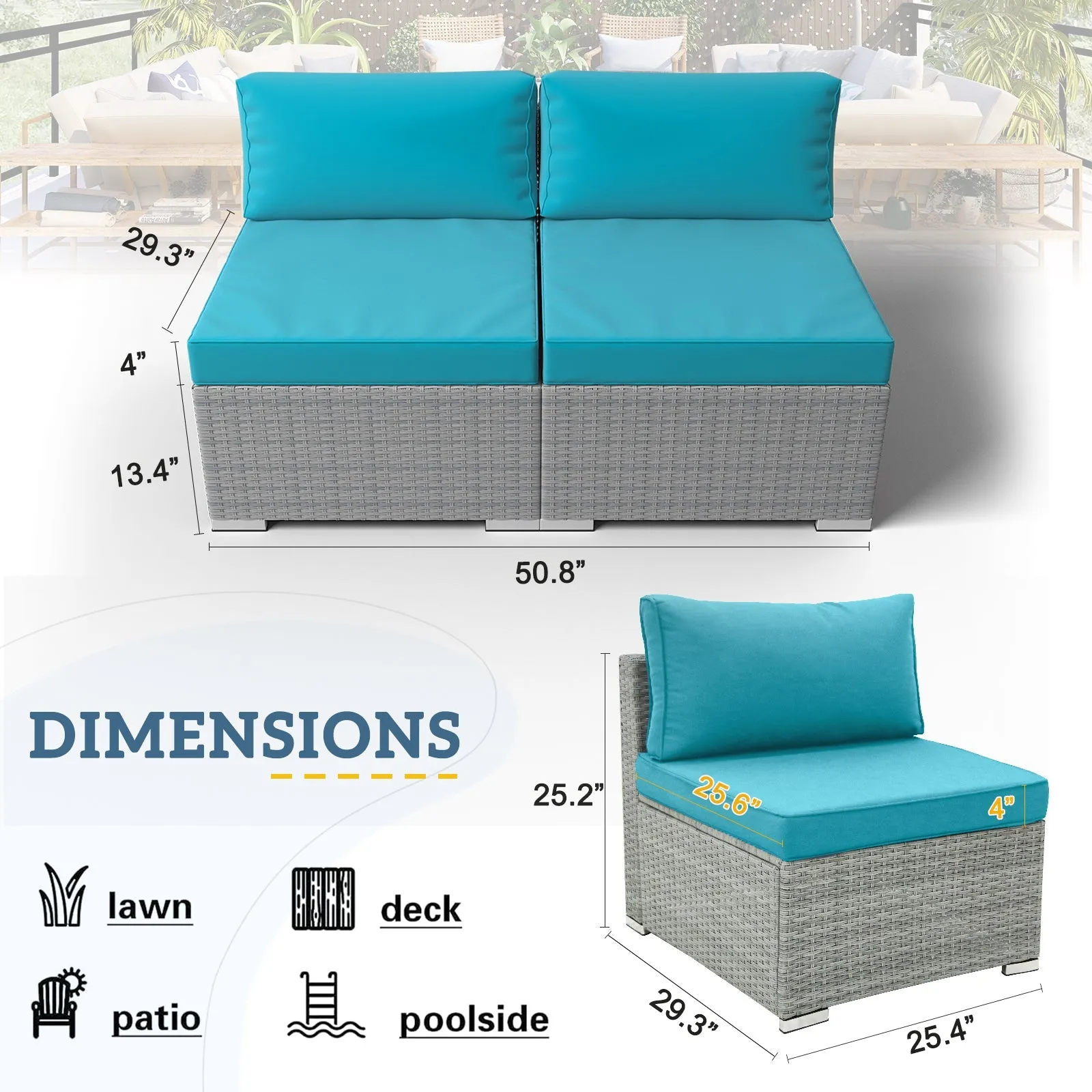 EAGLE PEAK 2 Piece Outdoor Armless Wicker Sofa Set, Outdoor Patio Armless Chairs with Removable Cushions, Sectional Wicker Loveseat