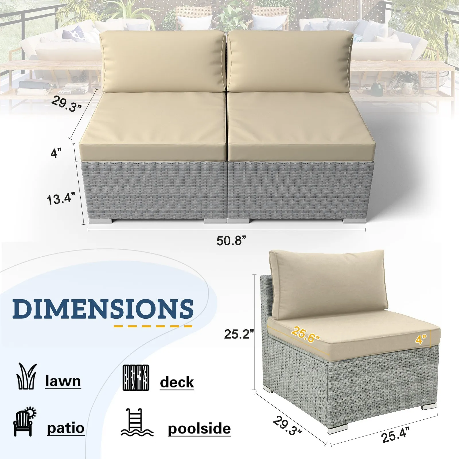 EAGLE PEAK 2 Piece Outdoor Armless Wicker Sofa Set, Outdoor Patio Armless Chairs with Removable Cushions, Sectional Wicker Loveseat