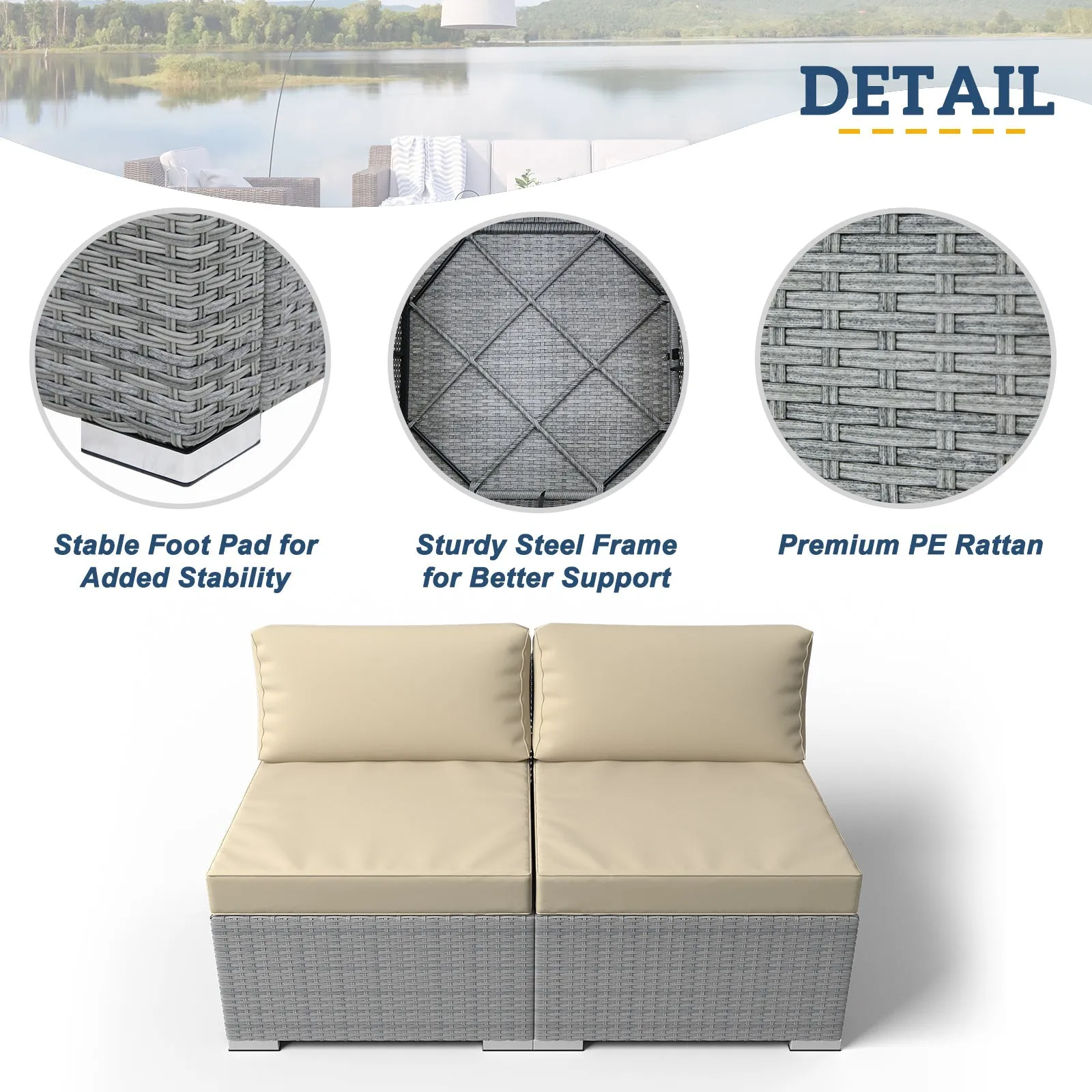 EAGLE PEAK 2 Piece Outdoor Armless Wicker Sofa Set, Outdoor Patio Armless Chairs with Removable Cushions, Sectional Wicker Loveseat