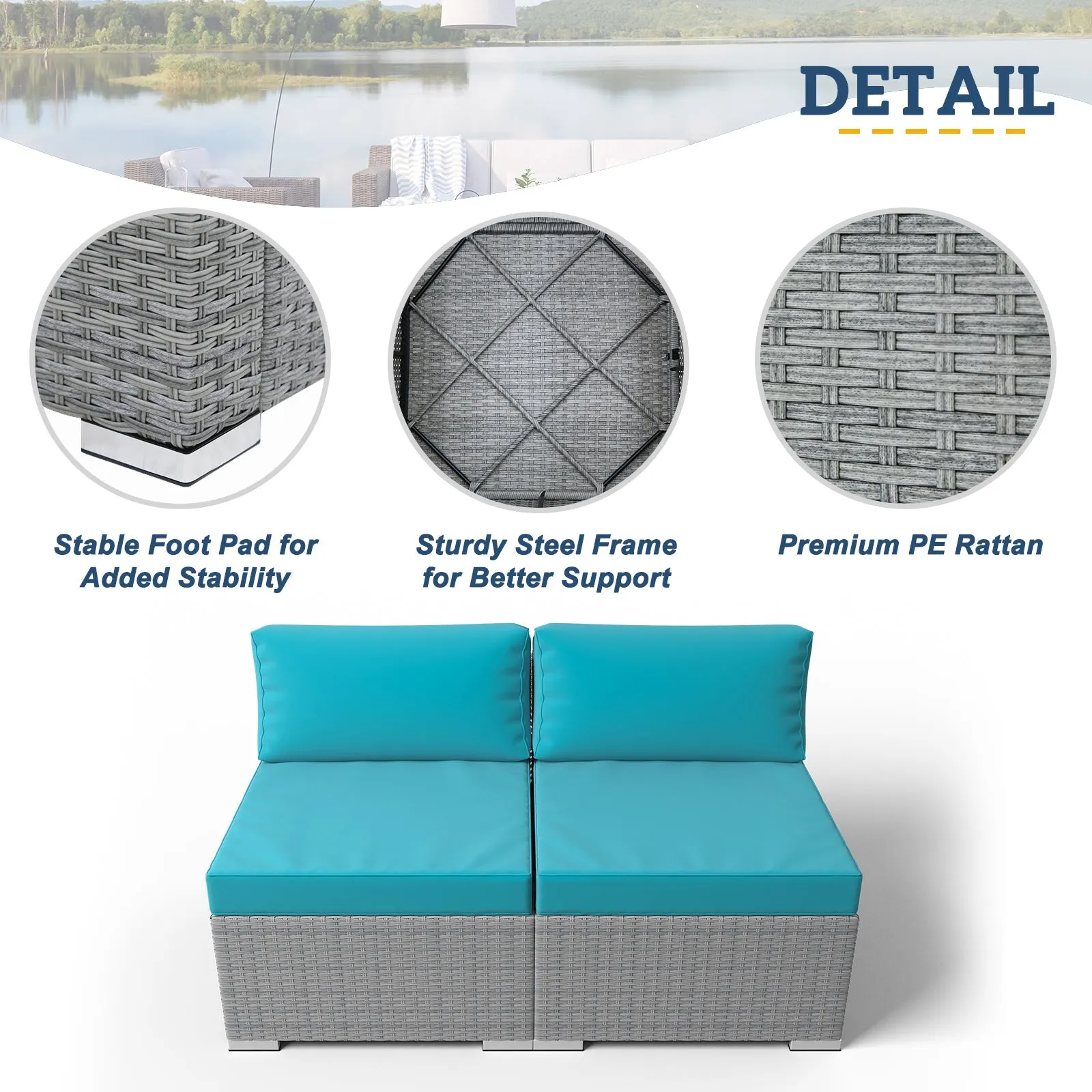 EAGLE PEAK 2 Piece Outdoor Armless Wicker Sofa Set, Outdoor Patio Armless Chairs with Removable Cushions, Sectional Wicker Loveseat