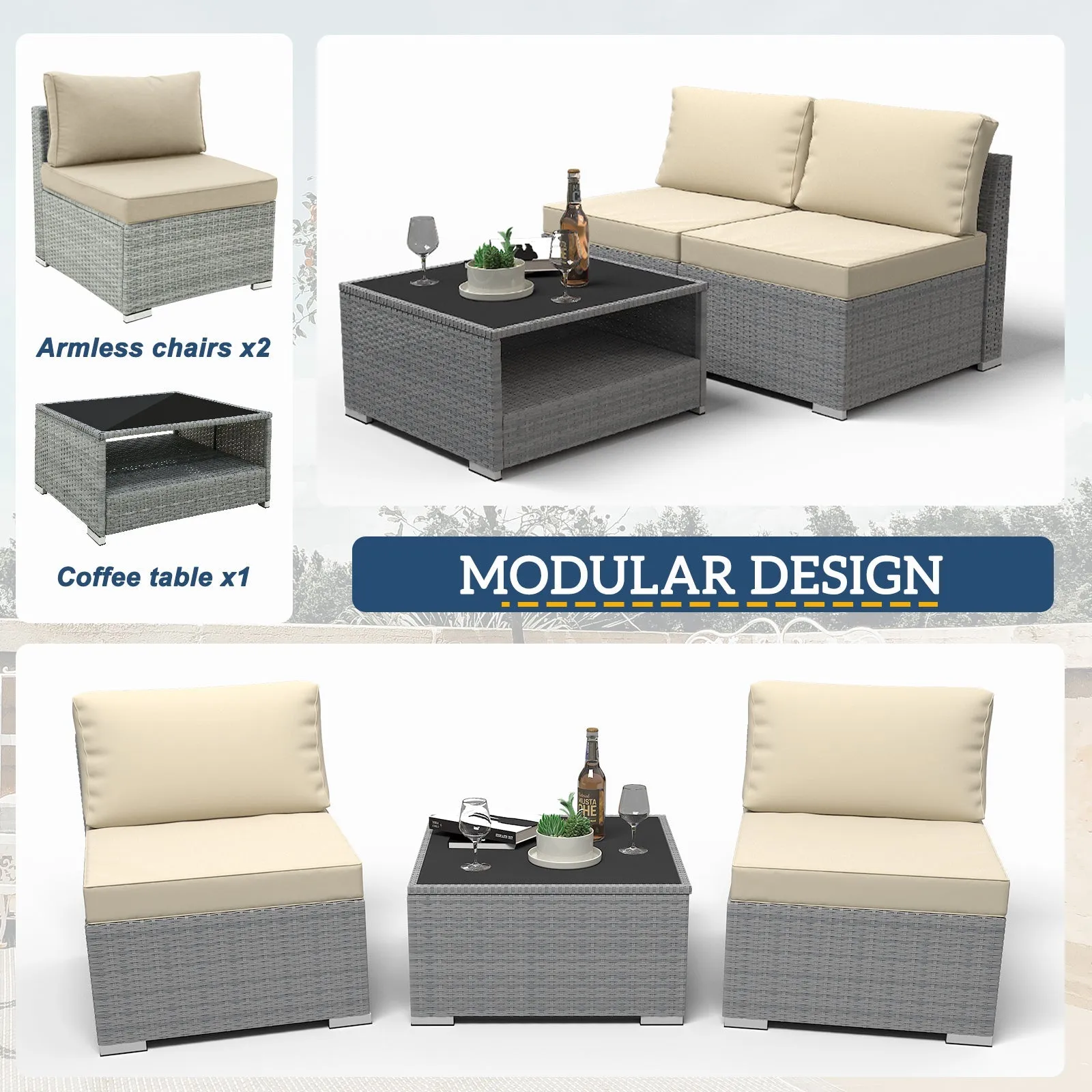 EAGLE PEAK 3 Piece Outdoor Armless Wicker Sofa Set, Outdoor Patio Armless Chairs with Removable Cushions and Coffee Table, Sectional Wicker Loveseat Sofa