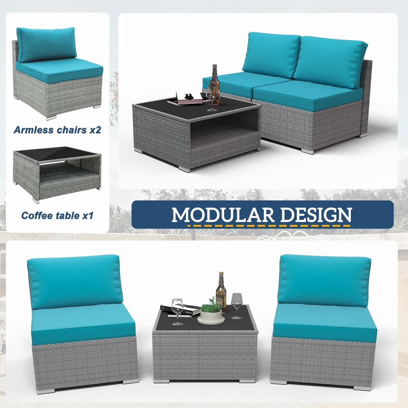 EAGLE PEAK 3 Piece Outdoor Armless Wicker Sofa Set, Outdoor Patio Armless Chairs with Removable Cushions and Coffee Table, Sectional Wicker Loveseat Sofa