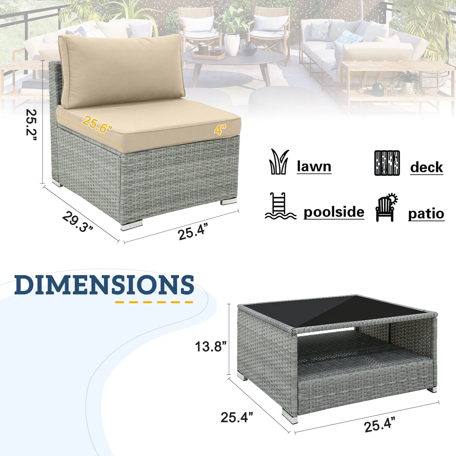 EAGLE PEAK 3 Piece Outdoor Armless Wicker Sofa Set, Outdoor Patio Armless Chairs with Removable Cushions and Coffee Table, Sectional Wicker Loveseat Sofa