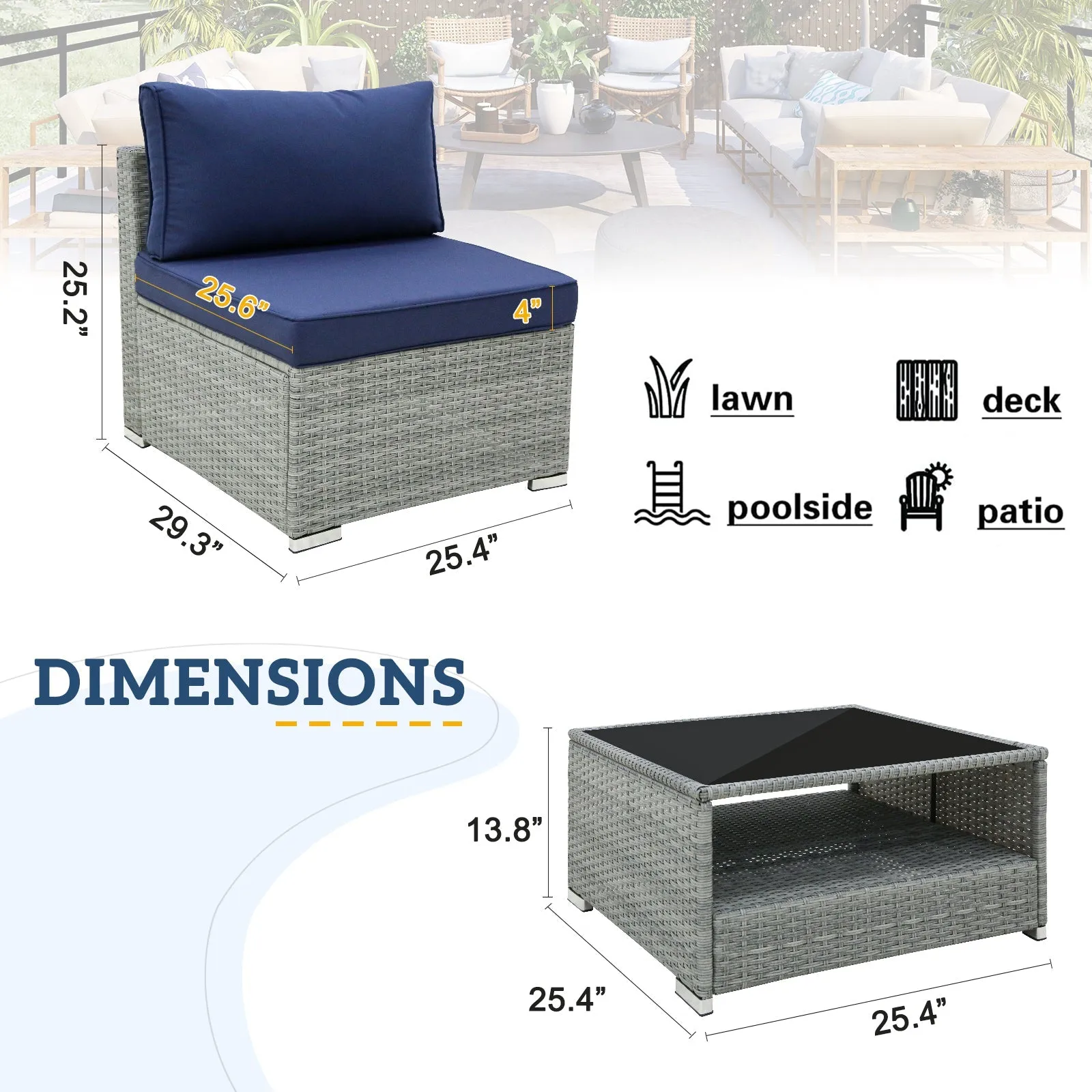 EAGLE PEAK 3 Piece Outdoor Armless Wicker Sofa Set, Outdoor Patio Armless Chairs with Removable Cushions and Coffee Table, Sectional Wicker Loveseat Sofa