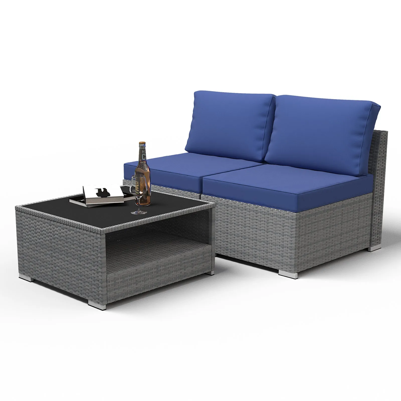 EAGLE PEAK 3 Piece Outdoor Armless Wicker Sofa Set, Outdoor Patio Armless Chairs with Removable Cushions and Coffee Table, Sectional Wicker Loveseat Sofa