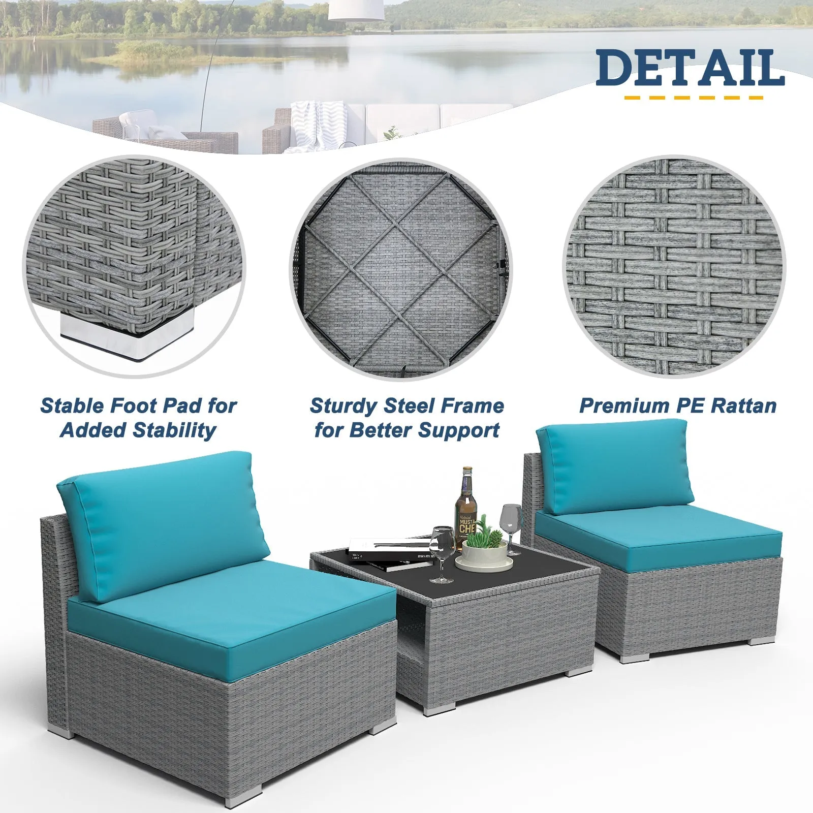 EAGLE PEAK 3 Piece Outdoor Armless Wicker Sofa Set, Outdoor Patio Armless Chairs with Removable Cushions and Coffee Table, Sectional Wicker Loveseat Sofa