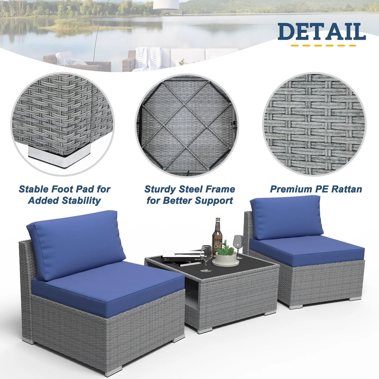 EAGLE PEAK 3 Piece Outdoor Armless Wicker Sofa Set, Outdoor Patio Armless Chairs with Removable Cushions and Coffee Table, Sectional Wicker Loveseat Sofa