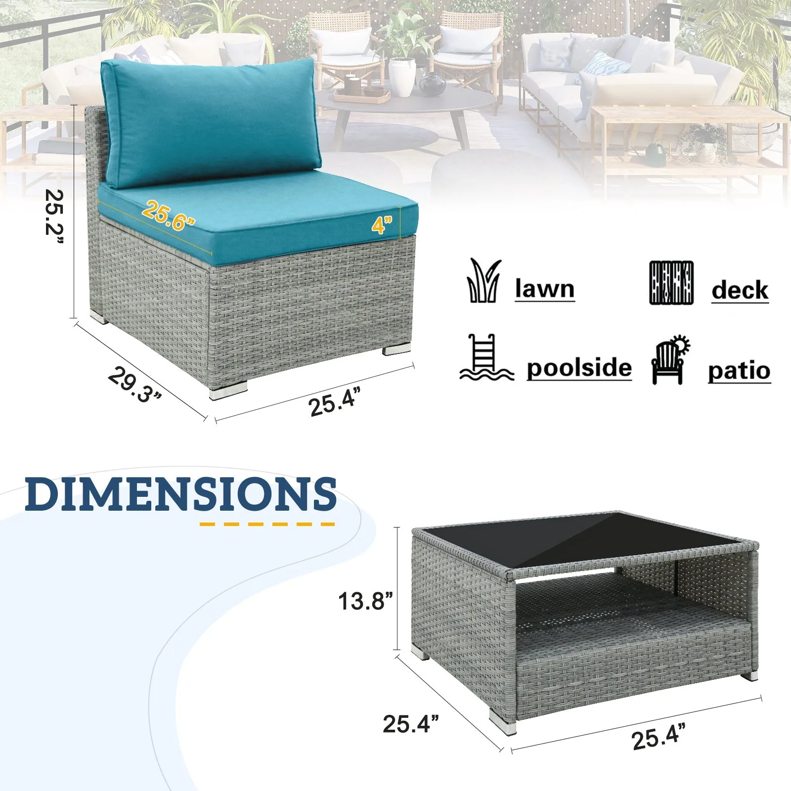 EAGLE PEAK 3 Piece Outdoor Armless Wicker Sofa Set, Outdoor Patio Armless Chairs with Removable Cushions and Coffee Table, Sectional Wicker Loveseat Sofa