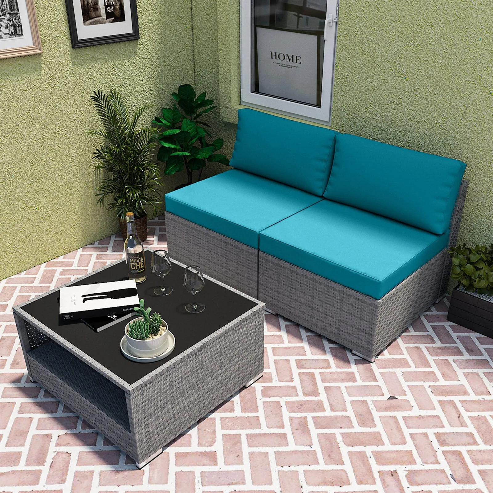 EAGLE PEAK 3 Piece Outdoor Armless Wicker Sofa Set, Outdoor Patio Armless Chairs with Removable Cushions and Coffee Table, Sectional Wicker Loveseat Sofa