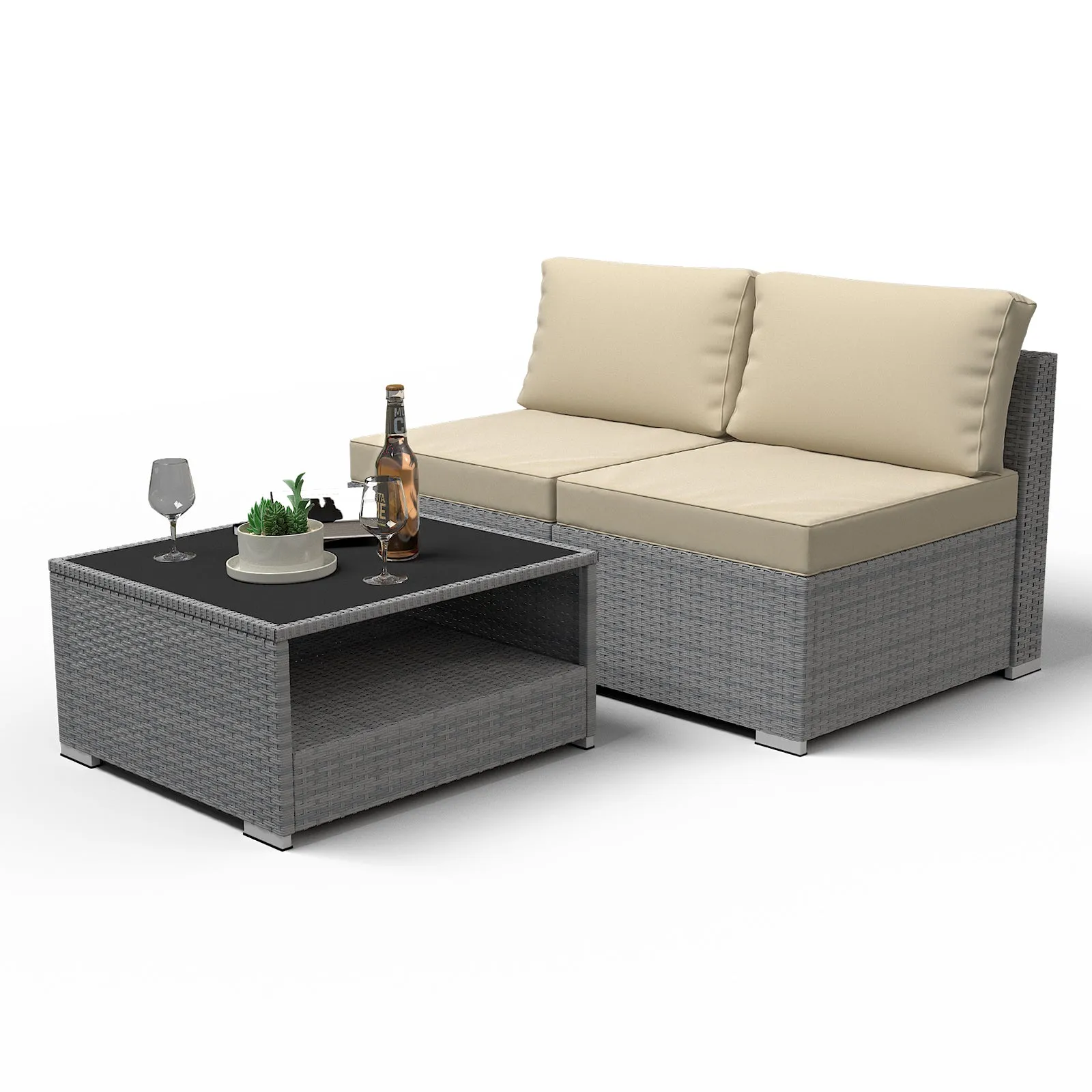 EAGLE PEAK 3 Piece Outdoor Armless Wicker Sofa Set, Outdoor Patio Armless Chairs with Removable Cushions and Coffee Table, Sectional Wicker Loveseat Sofa