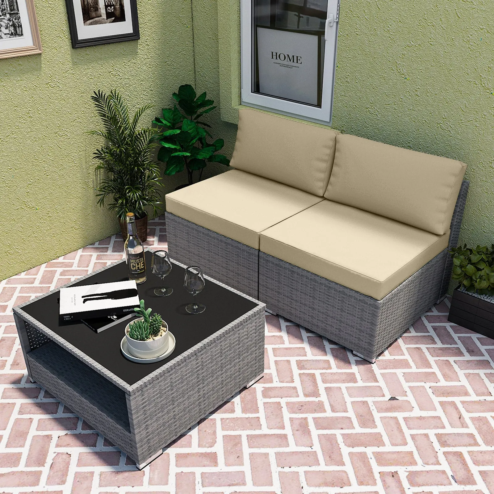 EAGLE PEAK 3 Piece Outdoor Armless Wicker Sofa Set, Outdoor Patio Armless Chairs with Removable Cushions and Coffee Table, Sectional Wicker Loveseat Sofa