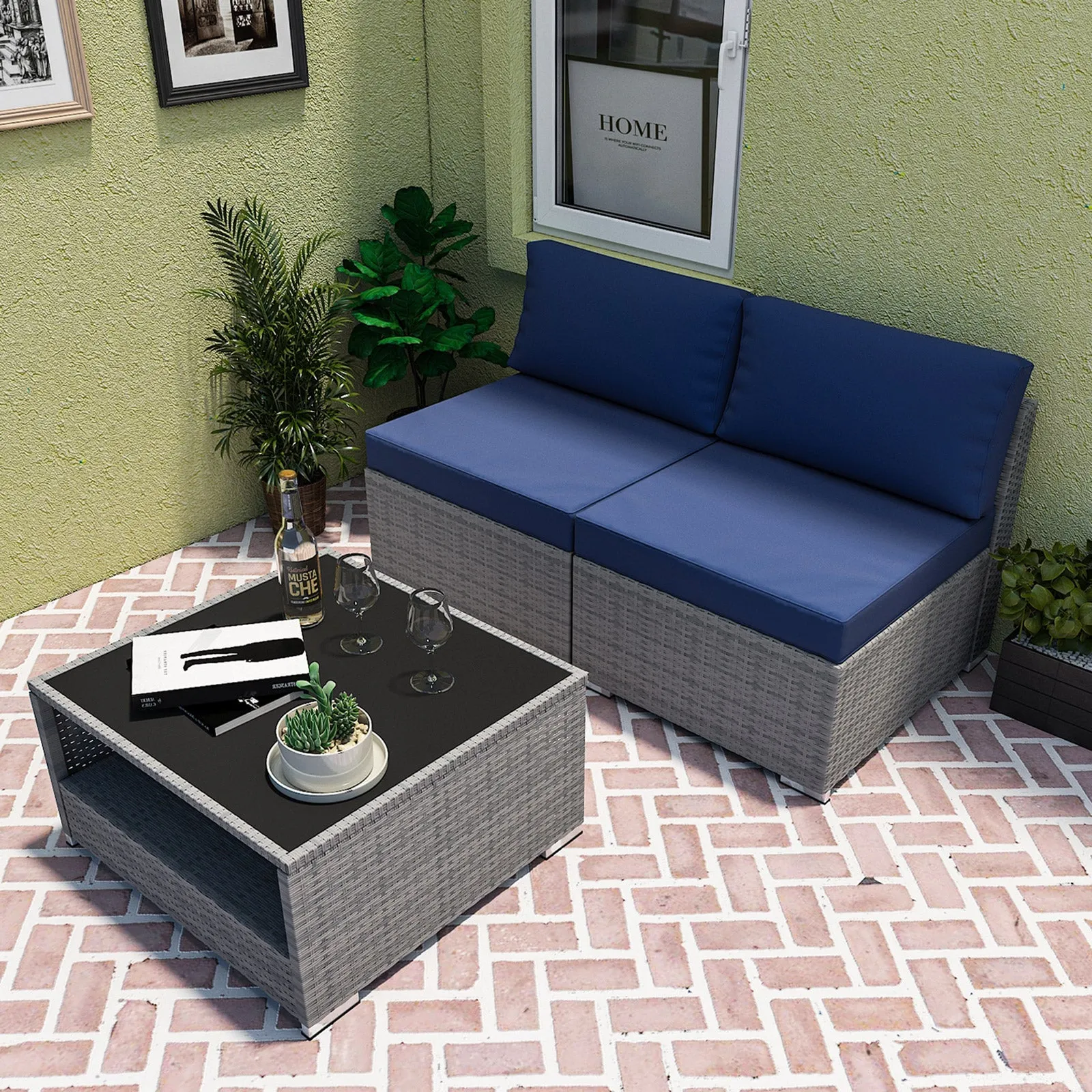 EAGLE PEAK 3 Piece Outdoor Armless Wicker Sofa Set, Outdoor Patio Armless Chairs with Removable Cushions and Coffee Table, Sectional Wicker Loveseat Sofa