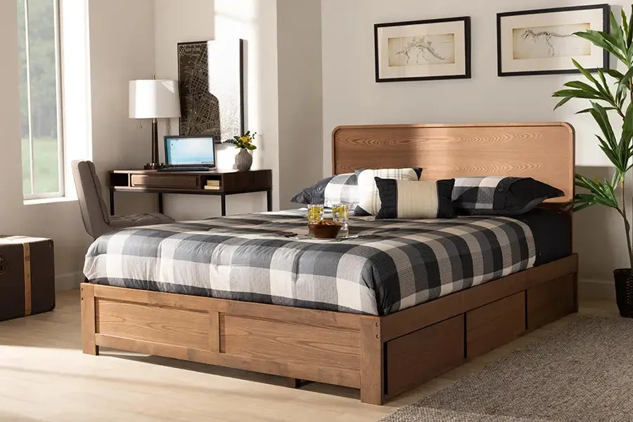 Elena Dark Gray Fabric Upholstered,  Ash Walnut Brown Wood 3-Drawer Platform Storage Bed (Full)