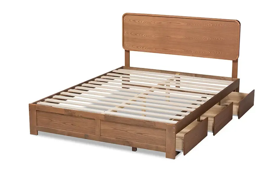 Elena Dark Gray Fabric Upholstered,  Ash Walnut Brown Wood 3-Drawer Platform Storage Bed (Full)