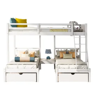 Full Over Twin & Twin Bunk Bed, Wood Triple Bunk Bed with Drawers and Guardrails, White
