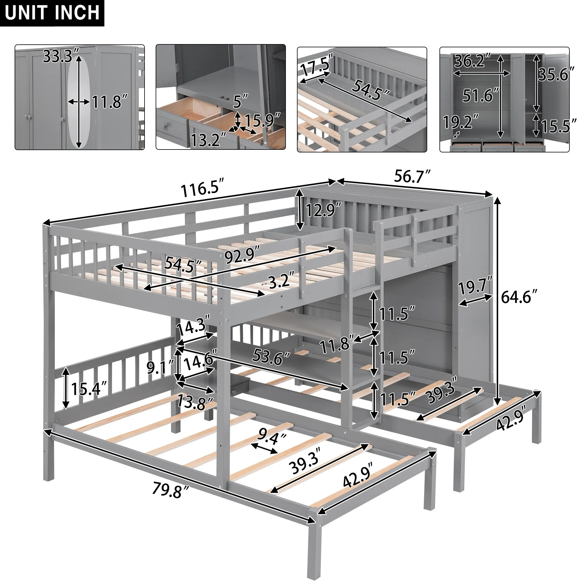 Full-Over-Twin-Twin Bunk Bed with Shelves, Wardrobe and Mirror, Gray