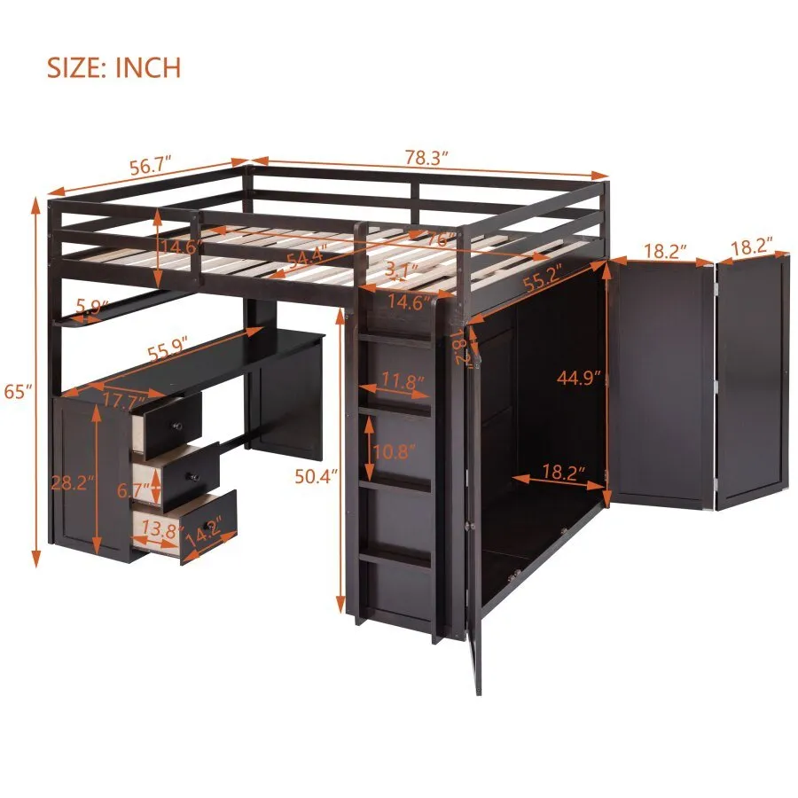 Full Size Espresso Loft Bed with Drawers and Desk