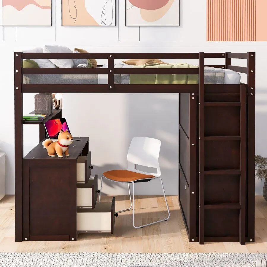 Full Size Espresso Loft Bed with Drawers and Desk